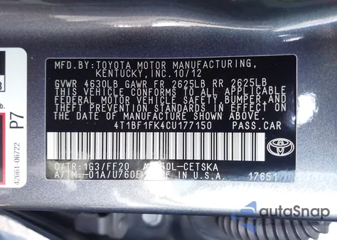 2012 Toyota Camry Se из США, поврежденный, VIN 4T1BF1FK4CU177150